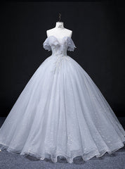 Gray Blue Tulle Sequins Off the Shoulder Beading Quinceanera Dresses