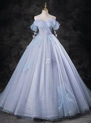 Gray Blue Tulle Sequins Off the Shoulder Quinceanera Dresses