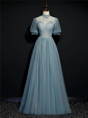 Gray Blue Tulle Short Sleeve High Neck Beading prom Dresses