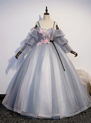 Gray Blue Tulle Spaghetti Straps Appliques Quinceanera Dresses