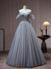 Gray Blue Tulle Strapless Beading Prom Dresses