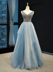 Gray Blue Tulle V-neck Backless Prom Dresses With Beading