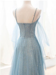 Gray Blue V Neck Tulle Sequin Long Prom Dress, Blue Evening Dress