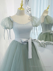 Gray Green A-Line Tulle Long Prom Dress, Gray Green Formal Dress