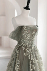 Gray Green Off The Shoulder Tulle Prom Dresses With Appliques