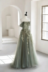 Gray Green Off The Shoulder Tulle Prom Dresses With Appliques