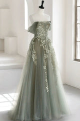 Gray Green Off The Shoulder Tulle Prom Dresses With Appliques