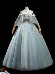 Gray Green Tulle Off the Shoulder Appliques Quinceanera Dresses