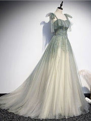 Gray Green Tulle Sequin Beads Long Prom Dress, Green Evening Dress