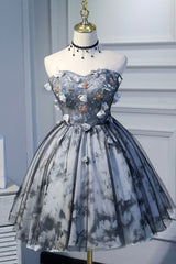 Gray Lace Strapless Short Prom Dress, A-Line Sweetheart Neckline Party Dress