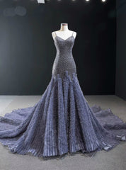 Gray Mermaid Tulle Sequins Spaghetti Straps Beading Prom Dresses With Train