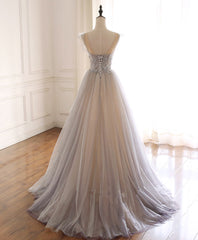 Gray Purple Round Neck Tulle Long Prom Dress, A line Formal Graduation Dress