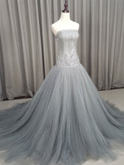 Gray Tulle Beads Long Prom Dress Gray Tulle Formal Evening Graduation Dresses