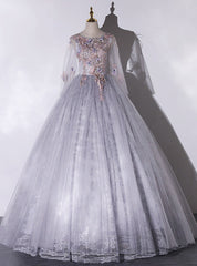 Gray Tulle Lace Appliques Long Sleeve Quinceanera Dresses