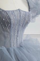 Gray Tulle Long A-Line Prom Dress, Gray Short Sleeve Evening Dress