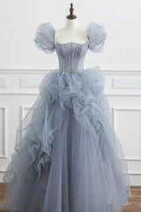 Gray Tulle Long A-Line Prom Dress, Gray Short Sleeve Evening Dress