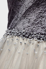 Gray Tulle Long A-Line Prom Dress, V-Neck Spaghetti Straps Evening Dress