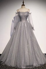 Gray Tulle Long Sleeve A-Line Prom Dress, Spaghetti Straps Formal Evening Dress