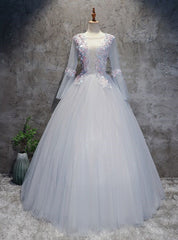 Gray Tulle Long Sleeve Backless Quinceanera Dresses