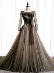 Gray Tulle Long Sleeve Pleats Beading Prom Dresses