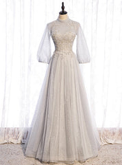 Gray Tulle Long Sleeve Sequins Beading Prom Dresses