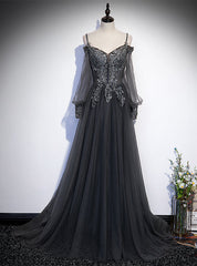 Gray Tulle Long Sleeve Spaghetti Straps Appliques Beading Prom Dresses