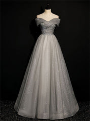 Gray Tulle Off the Shoulder Beading Formal Prom Dresses