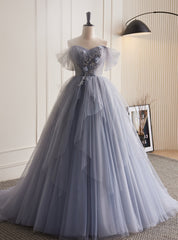 Gray Tulle Off the Shoulder Beading Off the Shoulder Prom Dresses