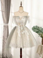 Gray Tulle Off the Shoulder Homecoming Dresses