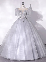 Gray Tulle Puff Sleeve Appliques Quinceanera Dresses