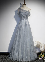 Gray Tulle Scoop Pearls Pleats Prom Dresses