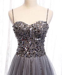 Gray Tulle Sequin Long Prom Dress, Gray Tulle Formal Dress with Beading Sequin