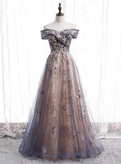 Gray Tulle Sequins Beading Off the Shoulder Prom Dresses