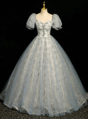 Gray Tulle Sequins Beading Puff Sleeve Quinceanera Dresses