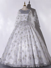 Gray Tulle Sequins Long Sleeve Quinceanera Dresses