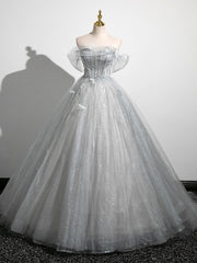 Gray Tulle Sequins Off the Shoulder Appliques Quinceanera Dresses