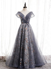 Gray Tulle Sequins Off the Shoulder Beading Prom Dresses