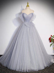 Gray Tulle Sequins Off the Shoulder Pleats Prom Dresses