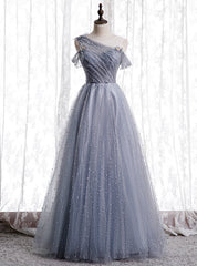 Gray Tulle Sequins Scoop Pearls Formal Prom Dresses