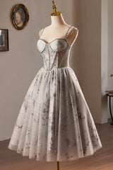 Gray Tulle Sequins Short Prom Dresses, A-Line Spaghetti Straps Backless Party Dresses