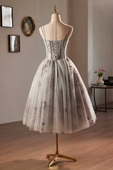 Gray Tulle Sequins Short Prom Dresses, A-Line Spaghetti Straps Backless Party Dresses