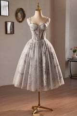 Gray Tulle Sequins Short Prom Dresses, A-Line Spaghetti Straps Backless Party Dresses