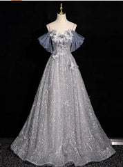 Gray Tulle Sequins Spaghetti Straps Prom Dresses