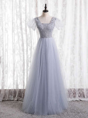 Gray Tulle Sequins Sqyare Short Sleeve Beading Prom Dresses