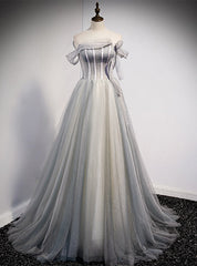 Gray Tulle Sequins Strapless Pearls Prom Dresses