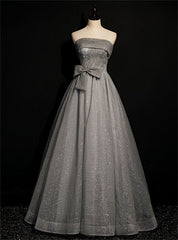 Gray Tulle Sequins Strapless Pleats Beading Prom Dresses