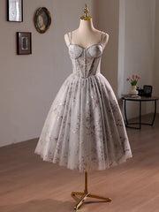 Gray Tulle Sequins Straps Homecoming Dresses