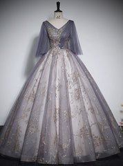 Gray Tulle Sequins V-neck Quinceanera Dresses