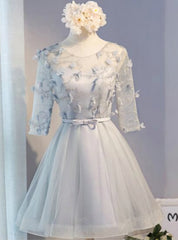 Gray Tulle Short Sleeve Homecoming Dresses