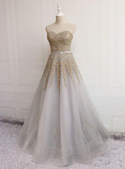 Gray Tulle Strapless Beading Sequins Prom Dresses